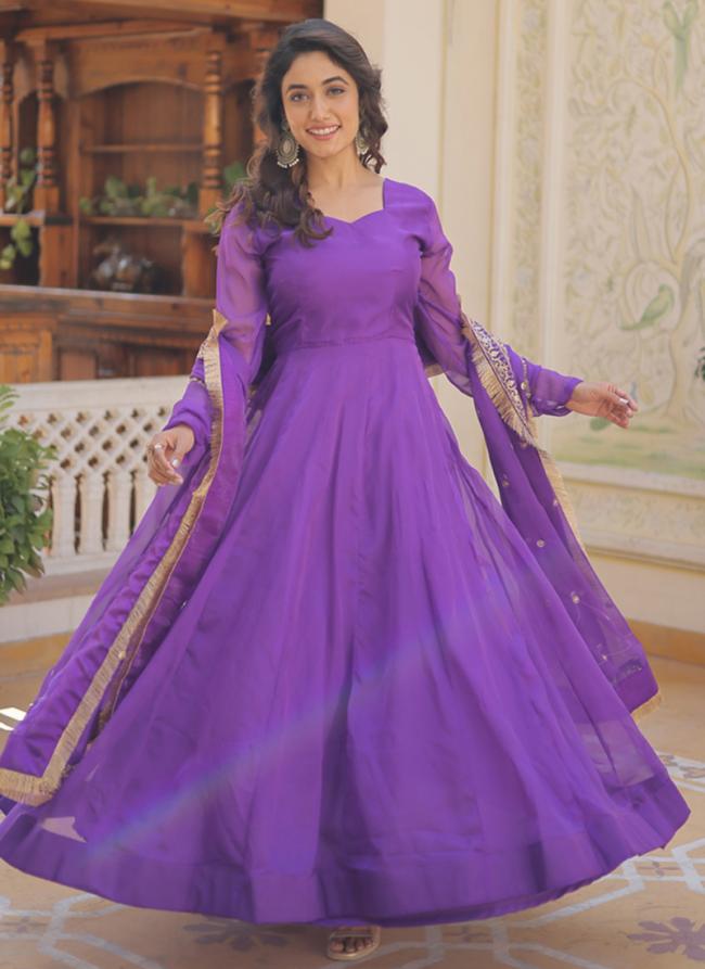 Russian Silk Purple Festival Wear Sequinned Gown With Dupatta
